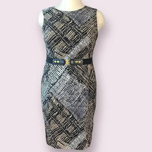 Jones Wear Vintage Casual Sleeveless Shift Dress Stretch Belt 14 Geometric Brown